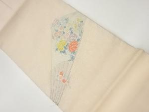 リサイクル　花に扇子・小花散らし模様織出し名古屋帯